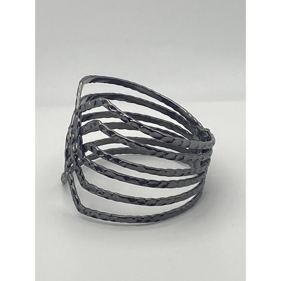 Gun Metal Gray Hammered Open Weave Wide Clamper Cuff Statement Bold Bracelet - Picture 3 of 9
